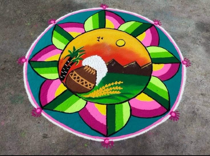 This may contain: a colorful painting on the ground with mountains in the background and palm trees growing out of it