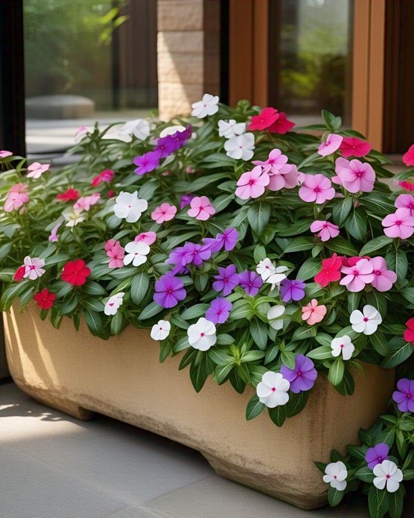 This may contain: some pink and white flowers are in a flower pot