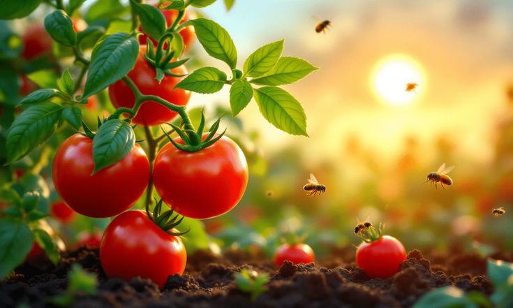This may contain: tomatoes are growing in the soil with bees flying around them and sun setting behind them