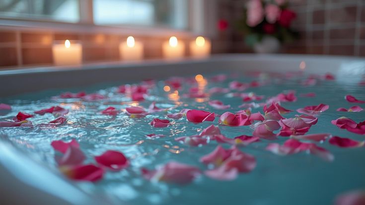 This may contain: rose petals floating in a hot tub with candles