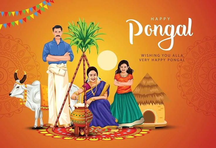 This may contain: happy pongal wishes you all very happy pongal with family and cow