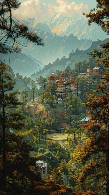 This may contain: a painting of a mountain town in the distance with trees and mountains in the background