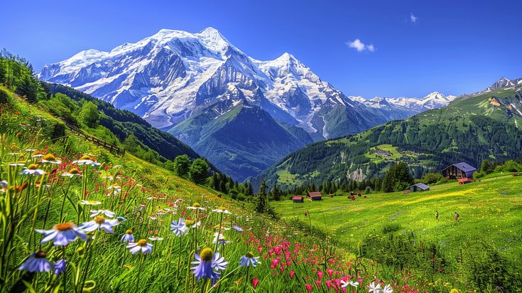 This may contain: the mountains are covered in snow and green grass, with wildflowers on the foreground