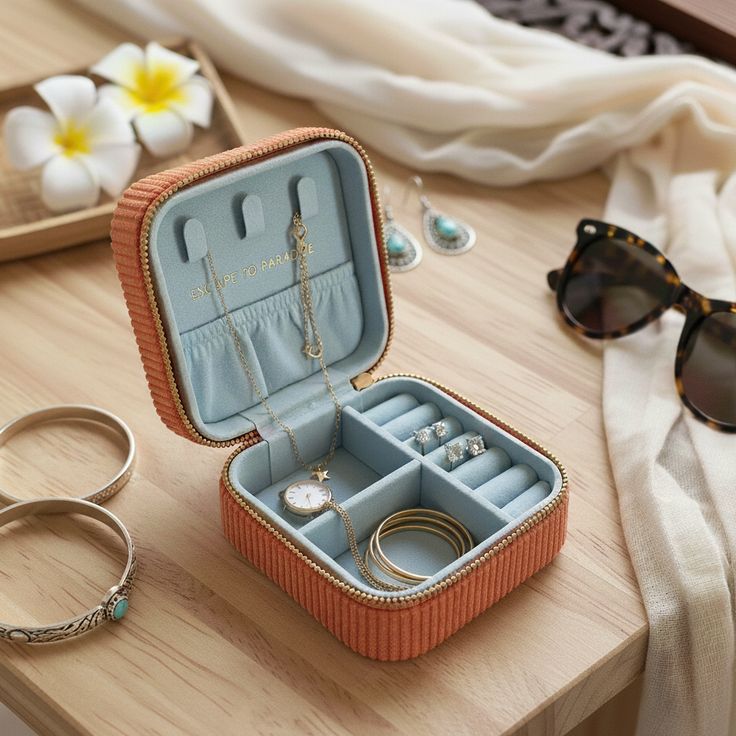 This may contain: an open jewelry box sitting on top of a table next to two pairs of sunglasses
