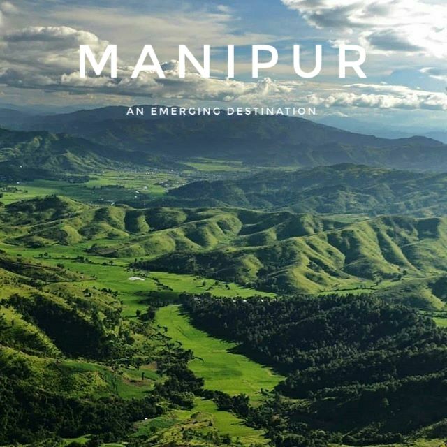 This may contain: an aerial view of mountains and valleys with the words manipur in white above them