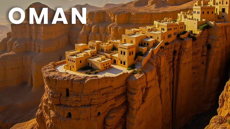 This may contain: an aerial view of a cliff with houses on it and the words oman written in white