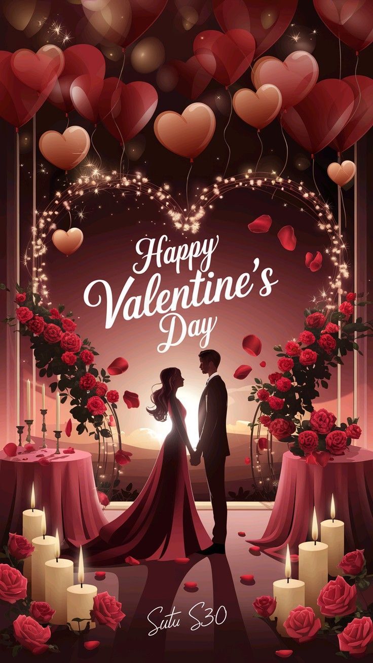 This may contain: a valentine's day poster with two people standing in front of candles and roses
