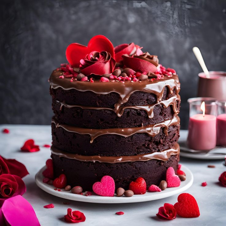 This may contain: a chocolate cake sitting on top of a white plate