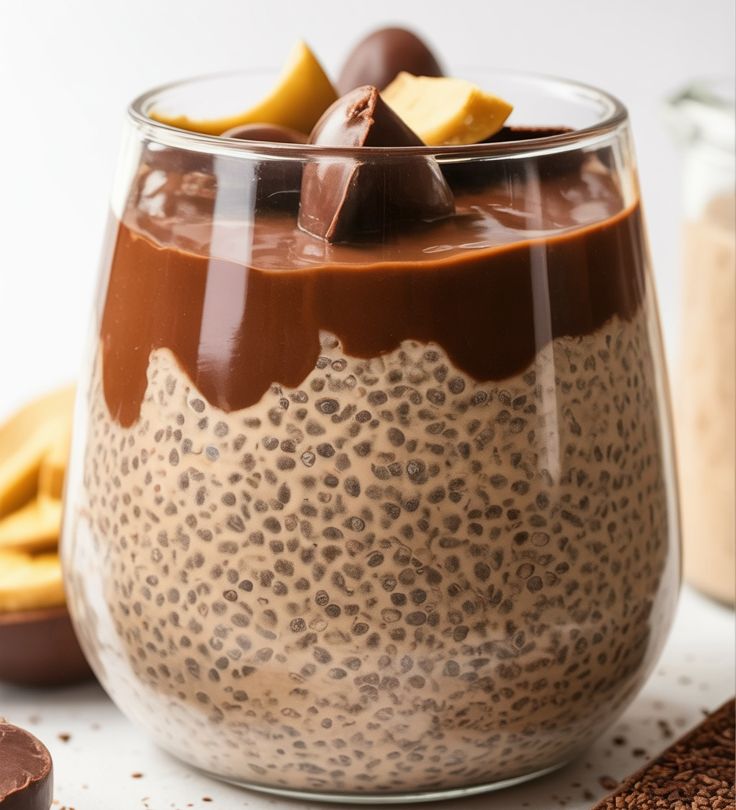 This may contain: a dessert in a glass with chocolate and bananas on the side, next to some cookies