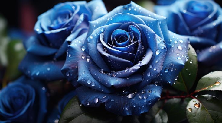 This may contain: blue roses with drops of water on them