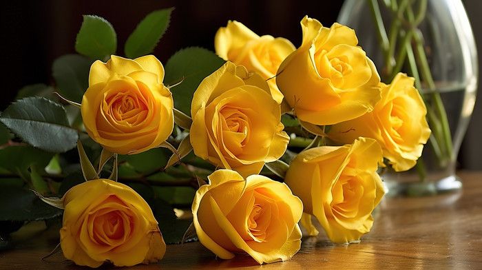This may contain: several yellow roses are sitting on a table