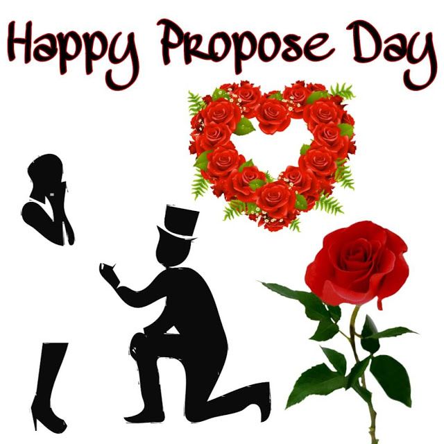 This may contain: a man kneeling down next to a red rose and a heart with the words happy propose day