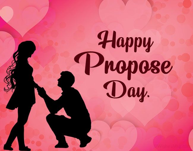 This may contain: a man kneeling down next to a woman on top of a pink background with hearts