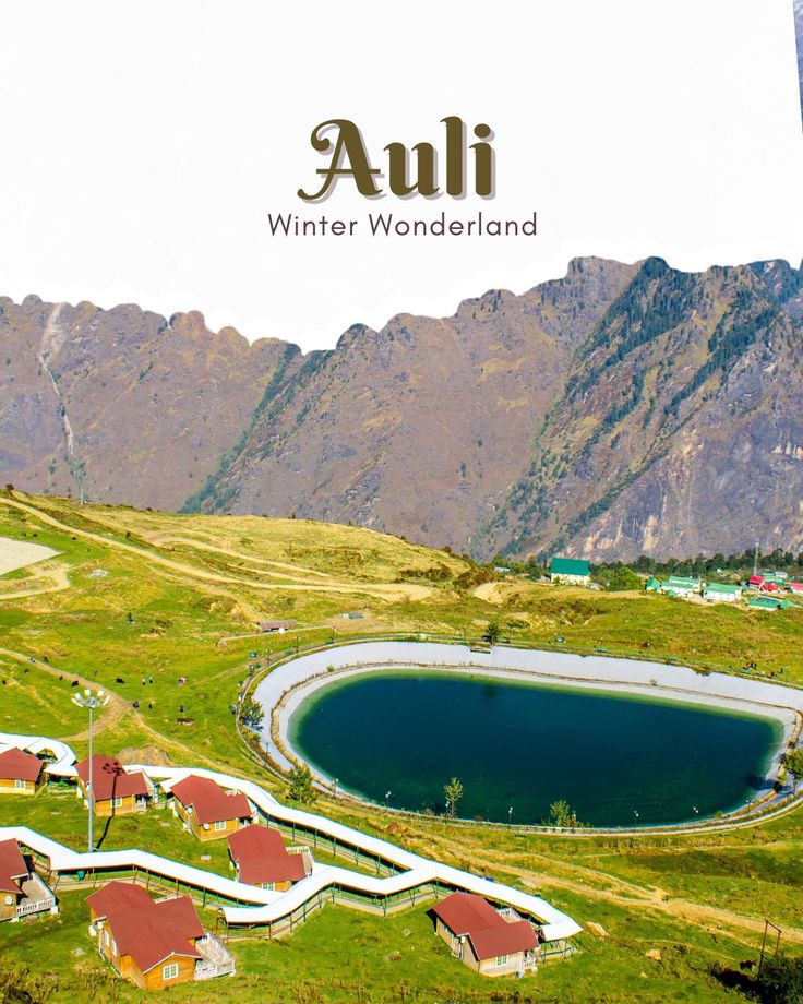 This may contain: an aerial view of a mountain resort with a lake in the foreground