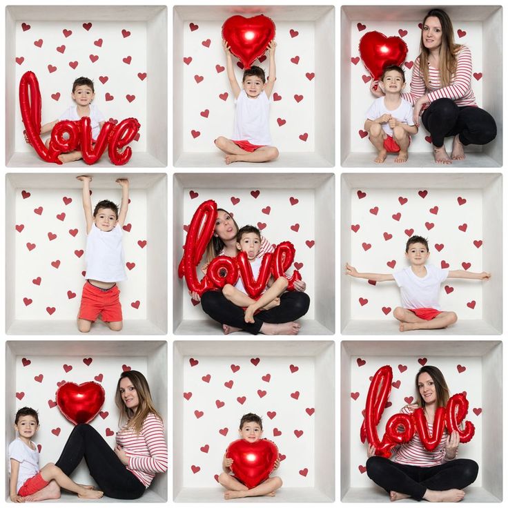This may contain: a collage of photos with red balloons in the shape of letters and hearts on them