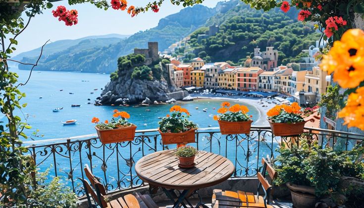 This may contain: an outdoor table and chairs on a balcony overlooking the ocean with boats in the water