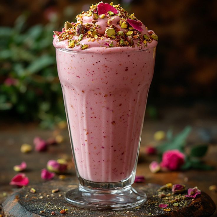 This may contain: a pink smoothie with sprinkles on top