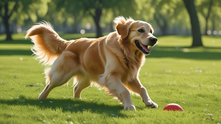 This may contain: a golden retriever is playing with a ball in the grass