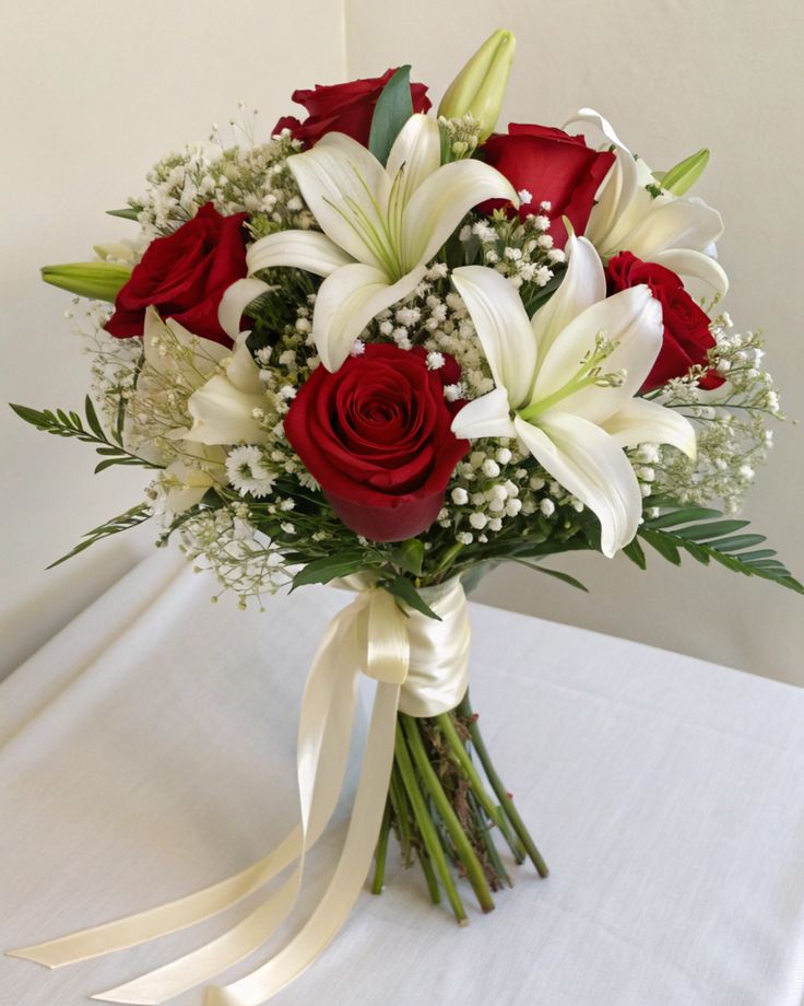 This may contain: a bouquet of white lilies and red roses on top of a table with ribbon