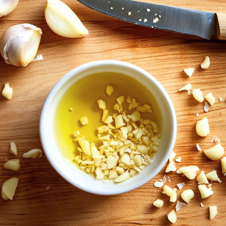 This may contain: chopped garlic in a white bowl next to a knife on a wooden cutting board with oil