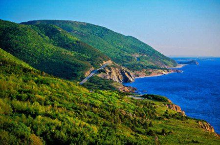 This may contain: a winding road on the side of a lush green hillside next to the ocean with blue water