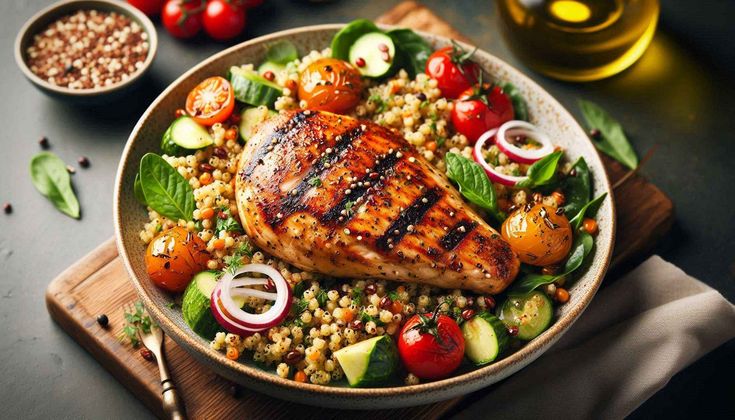 This may contain: grilled chicken and vegetables on a bed of couscous