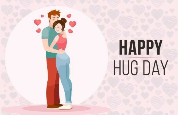 This may contain: a man and woman hugging each other with hearts in the background that says happy hug day