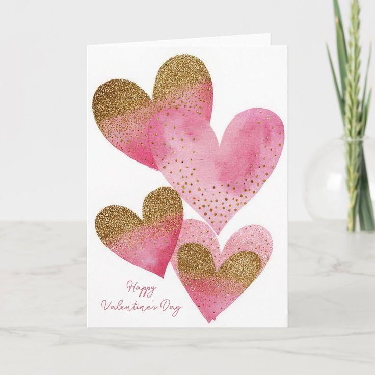 This may contain: a card with pink and gold hearts on it