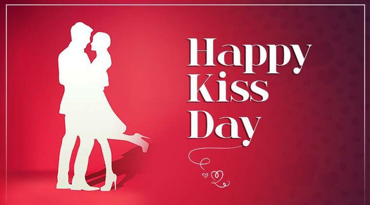 This may contain: a man and woman kissing in silhouette on a red background with the words happy kiss day