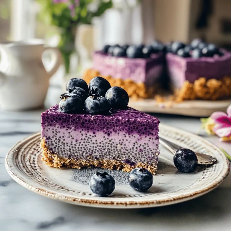 This may contain: a slice of blueberry cheesecake on a plate with some flowers in the background