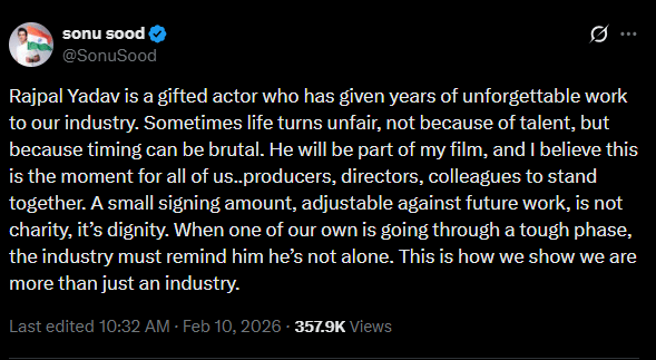 Sonu Sood offers support to Rajpal Yadav