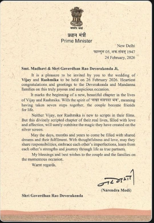 PM Modi responds to Rashmika-Vijay's wedding invite