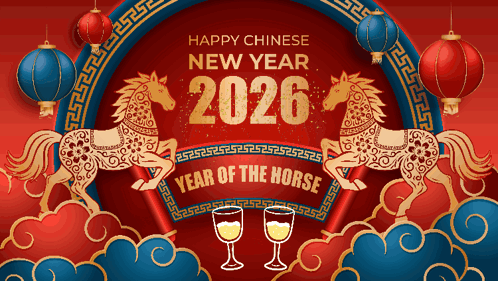 This may contain: a chinese new year card with two horses and wine glasses in front of red background
