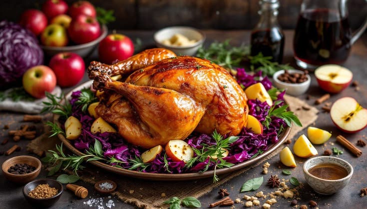 This may contain: a roasted turkey on a platter with apples, cranberries and spices