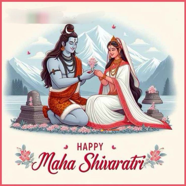This may contain: happy maa shivrati greeting card with lord and goddess sitting on the ground