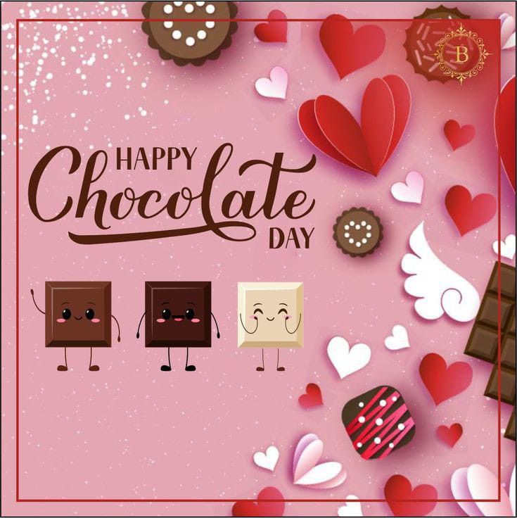 This may contain: happy chocolate day card with hearts, cookies and candies on pink background for valentine's day