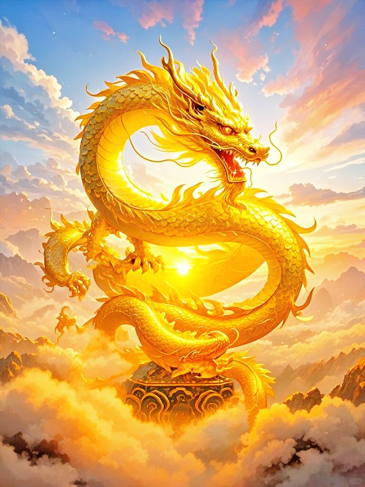 This may contain: a golden dragon sitting on top of a cloud filled sky