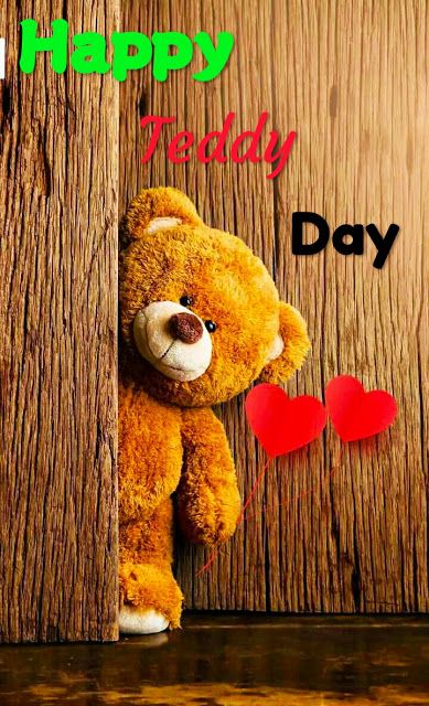 This may contain: a brown teddy bear peeking out from behind a wooden wall with two hearts on it