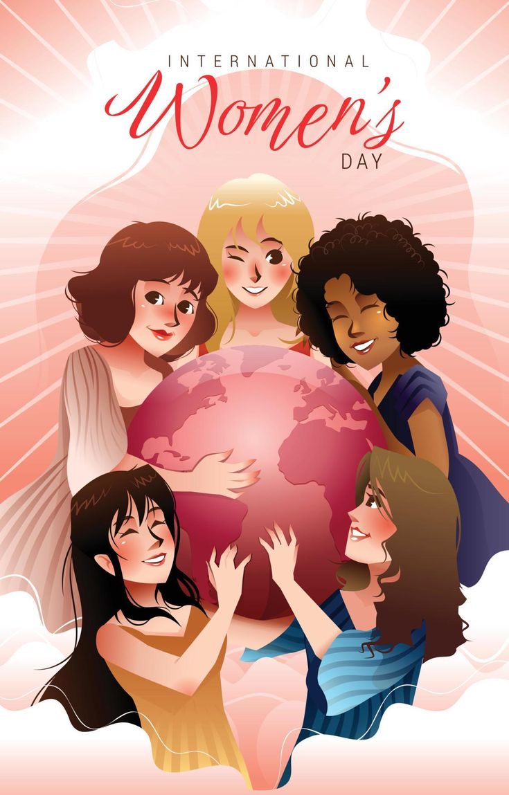 This may contain: the international women's day poster is shown with four girls holding up a globe