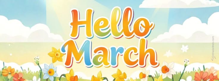 This may contain: the words hello march are surrounded by colorful flowers and grass in front of a blue sky with clouds
