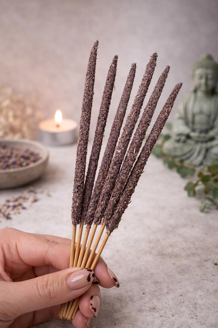 This may contain: a person is holding some sticks in front of a buddha statue and other items on the table