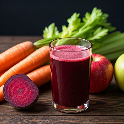 This may contain: carrots, celery, and apples are on the table with some juice