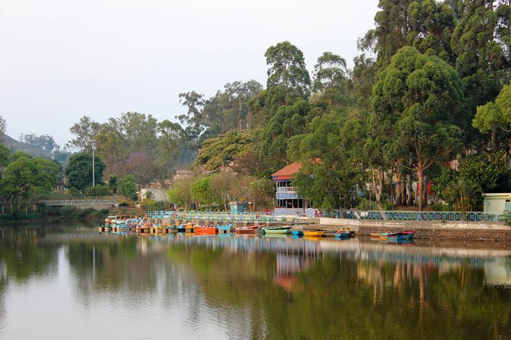 This may contain: there are many boats that are docked at the water's edge in the lake