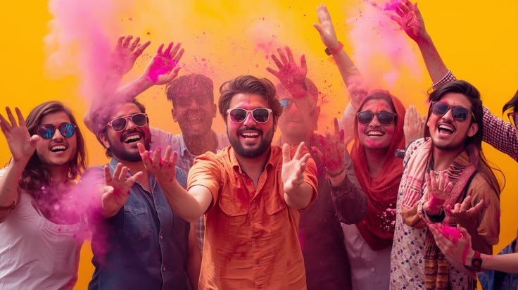 This may contain: a group of people celebrating with colored powder