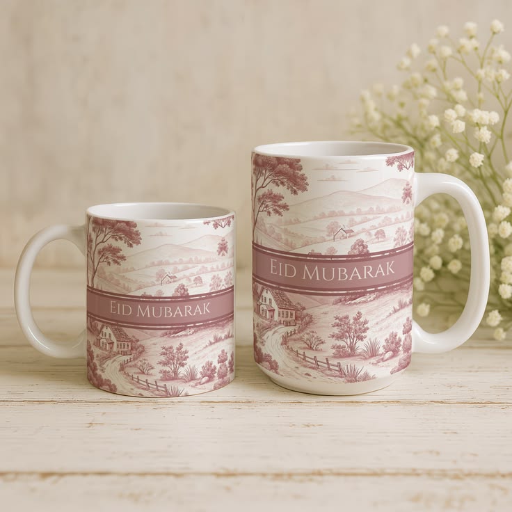 This may contain: two coffee mugs sitting next to each other on top of a wooden table with flowers in the background