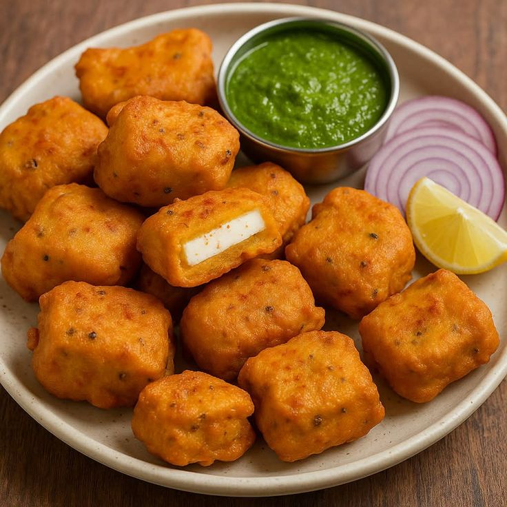 This may contain: a white plate topped with tater tots next to a bowl of green sauce