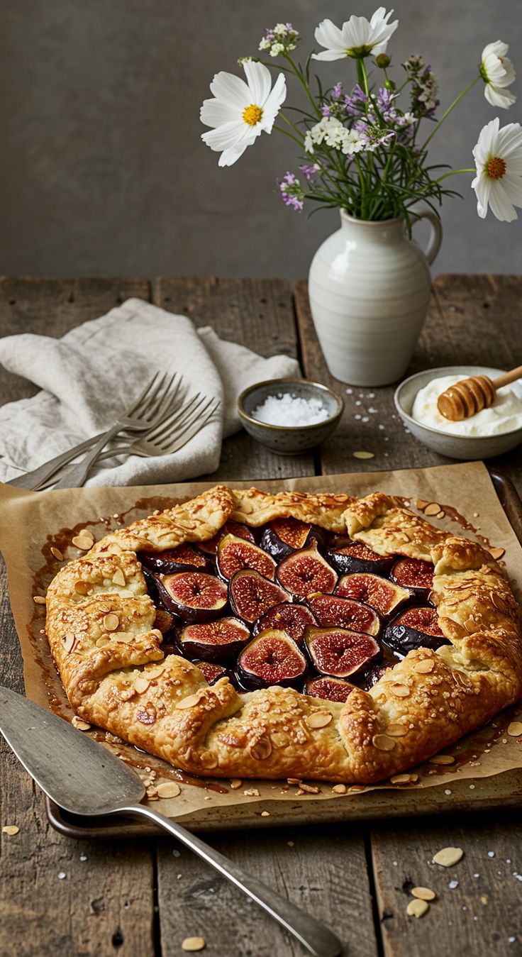 This may contain: a pie with figs on it sitting on top of a wooden table next to flowers