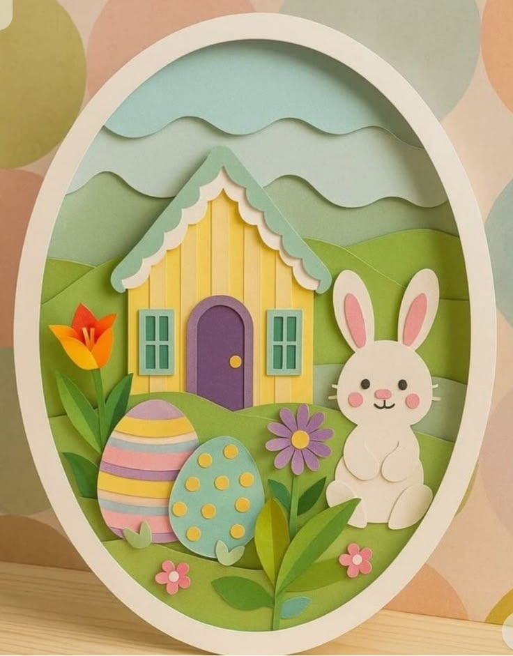 This may contain: an easter card with a bunny and egg in front of a small house on the grass