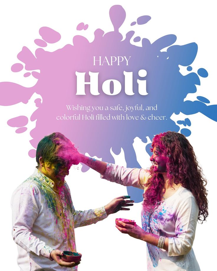 This may contain: two people with colored powder on their faces and the words happy holi above them