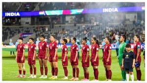 India observe their national anthem ahead of the AFC Women's Asian Cup Australia 2026 match between India and Chinese Taipei at Western Sydney Stadium on March 10, 2026 in Sydney, Australia. (Photo by Getty Images)